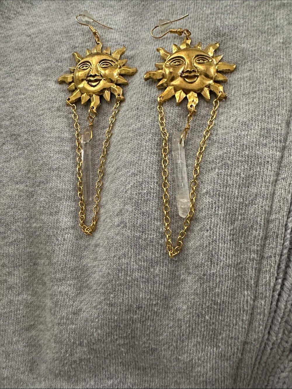Gold Sun Face Dangle Earrings with Crystal Pendants